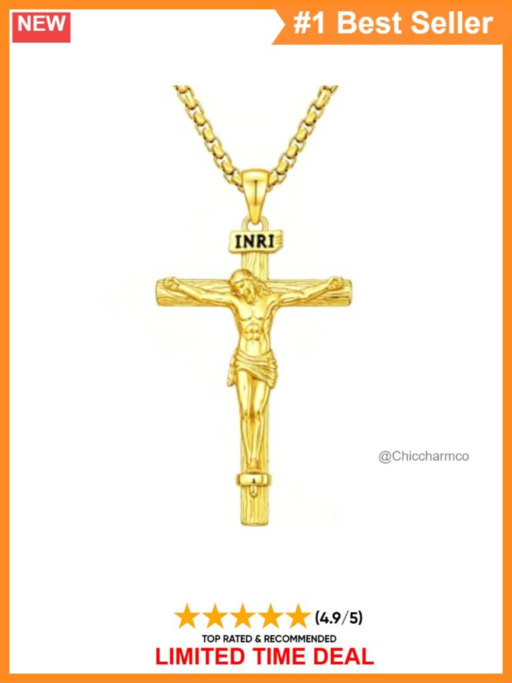 18K Gold Plated Crucifix Cross Pendant Necklace 22+2 Inch Curb Chain